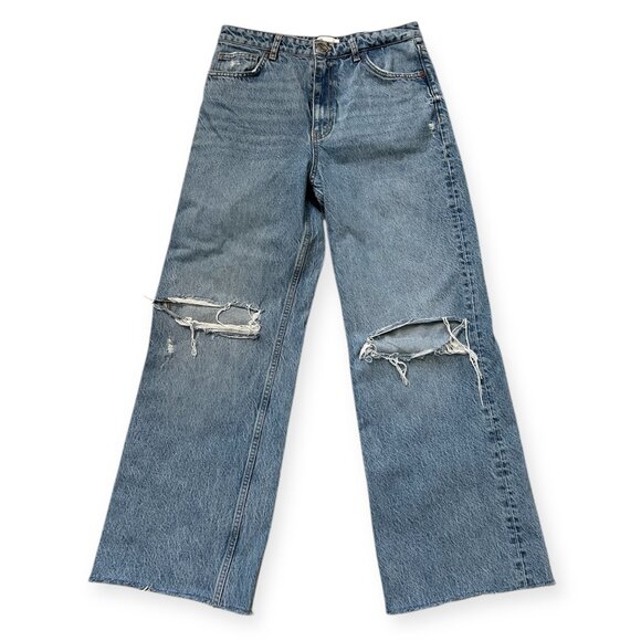 ZARA Womens Wide Leg Distressed Jeans Size 10 EUR 42 High Rise Ripped Knee Denim - Picture 1 of 7